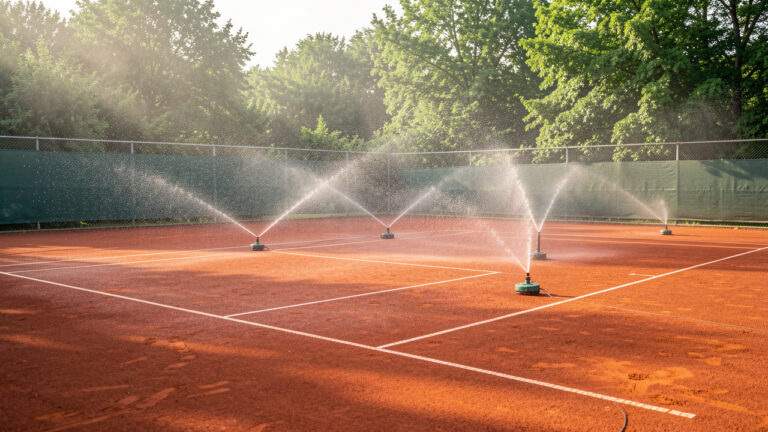 Système d’arrosage automatique diffusant une fine pluie sur un court de tennis en terre battue soigneusement entretenu.