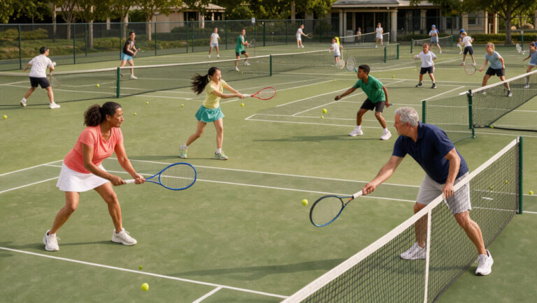 Membres de différents âges pratiquant le tennis ensemble dans un club accueillant et inclusif.