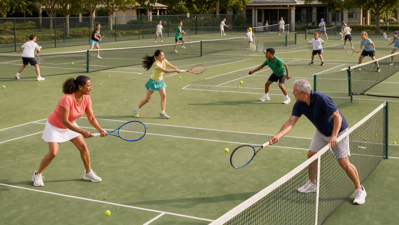 Membres de différents âges pratiquant le tennis ensemble dans un club accueillant et inclusif.