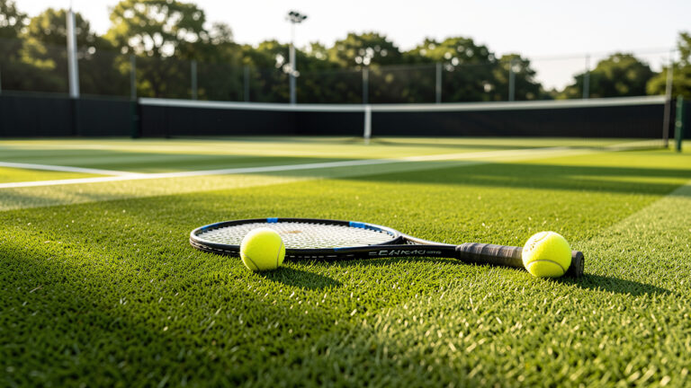 Court de tennis sur gazon parfaitement entretenu, avec une raquette et des balles sous une douce lumière matinale.