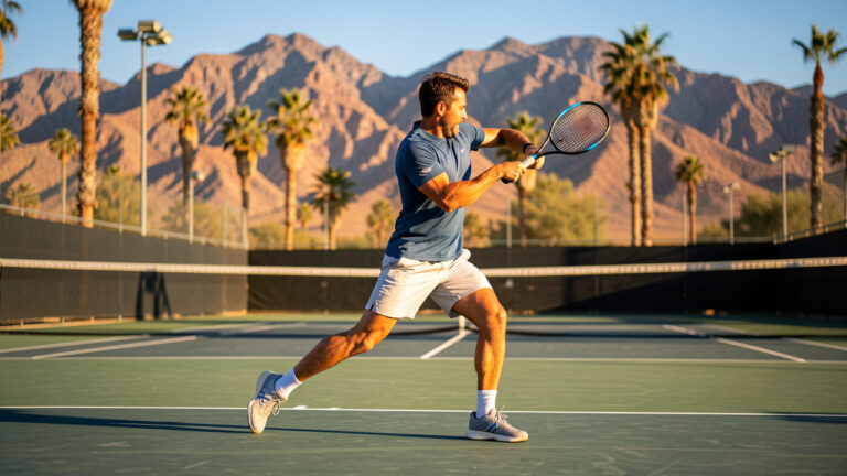 Joueur de tennis en action sur un court dur ensoleillé, entouré de palmiers et de montagnes désertiques.